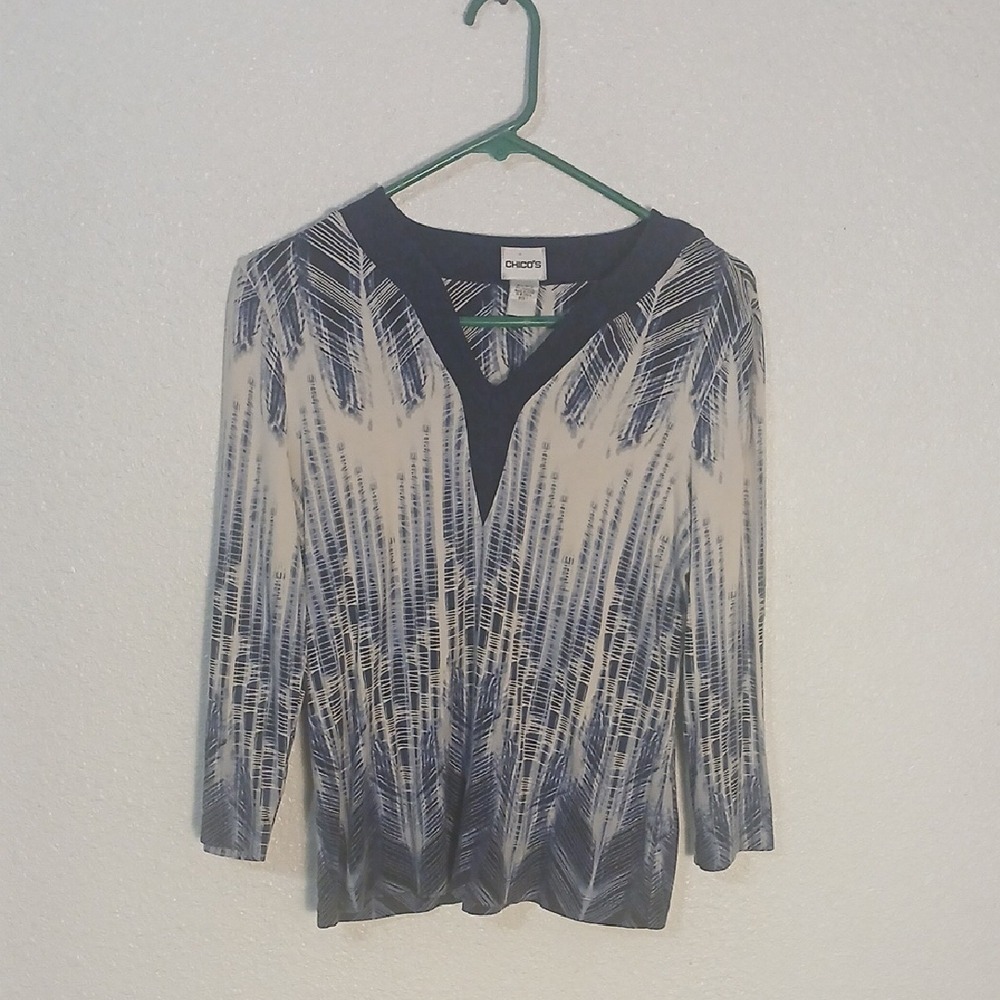 Chico's Navy and Cream Feather Print Blouse